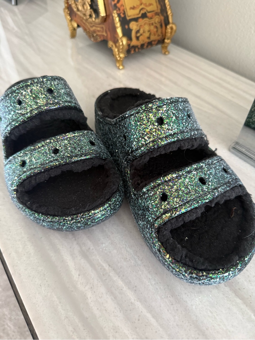 CROCS Black Clog with black and Green Glitter